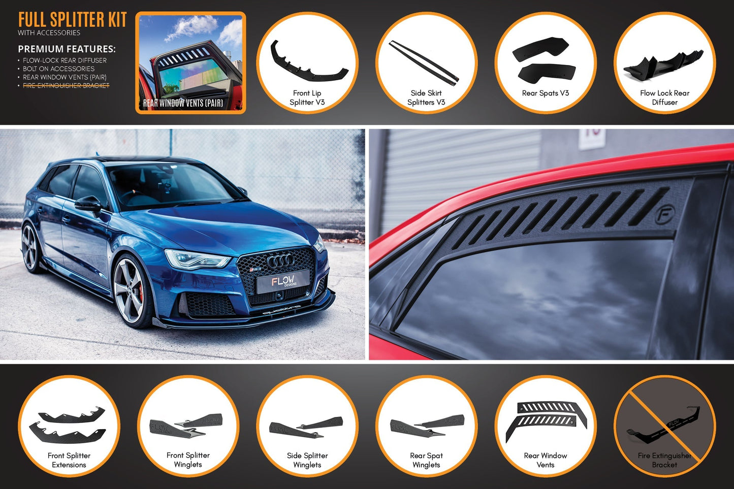 Flow Designs RS3 8V Sportback (Pre-Facelift) Full Lip Splitter Set
