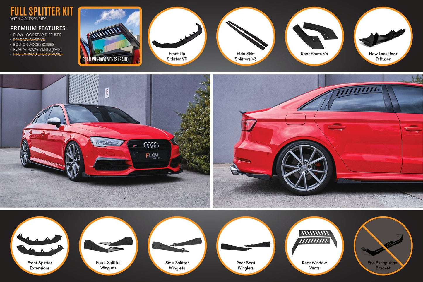 Flow Designs S3 8V Sedan Pre-Facelift V3 Full Lip Splitter Set