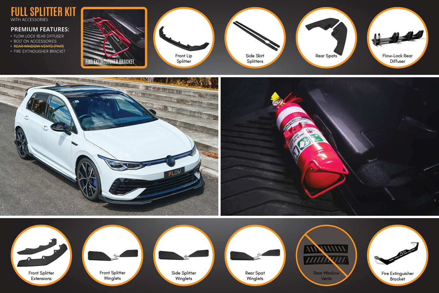 Flow Designs MK8 Golf R Full Lip Splitter Set