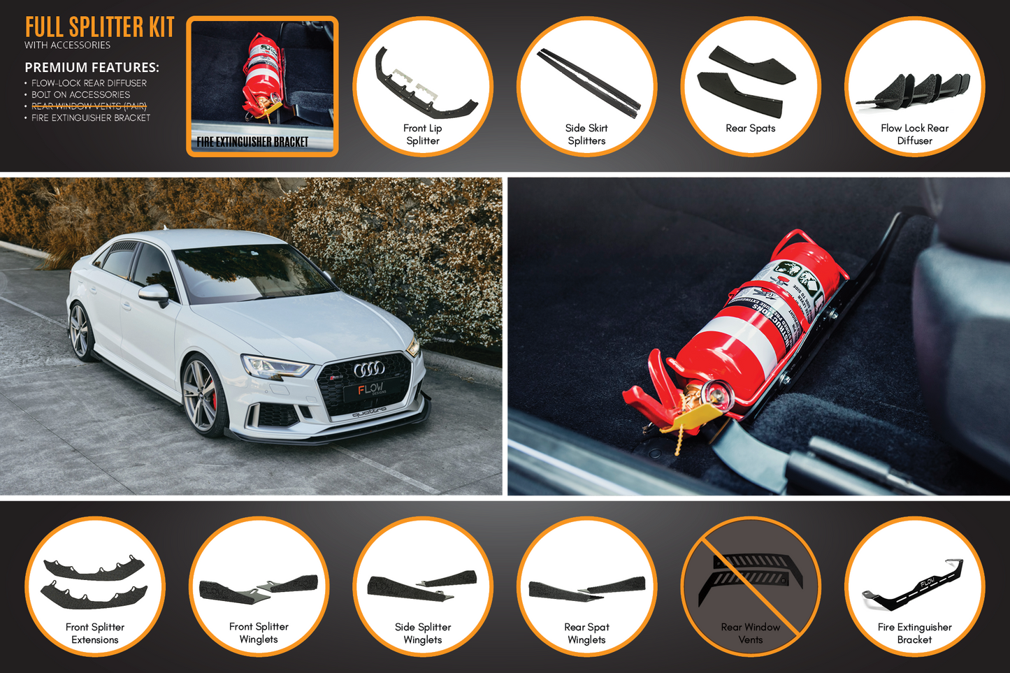 Flow Designs RS3 8V Sedan Facelift Full Lip Splitter Set