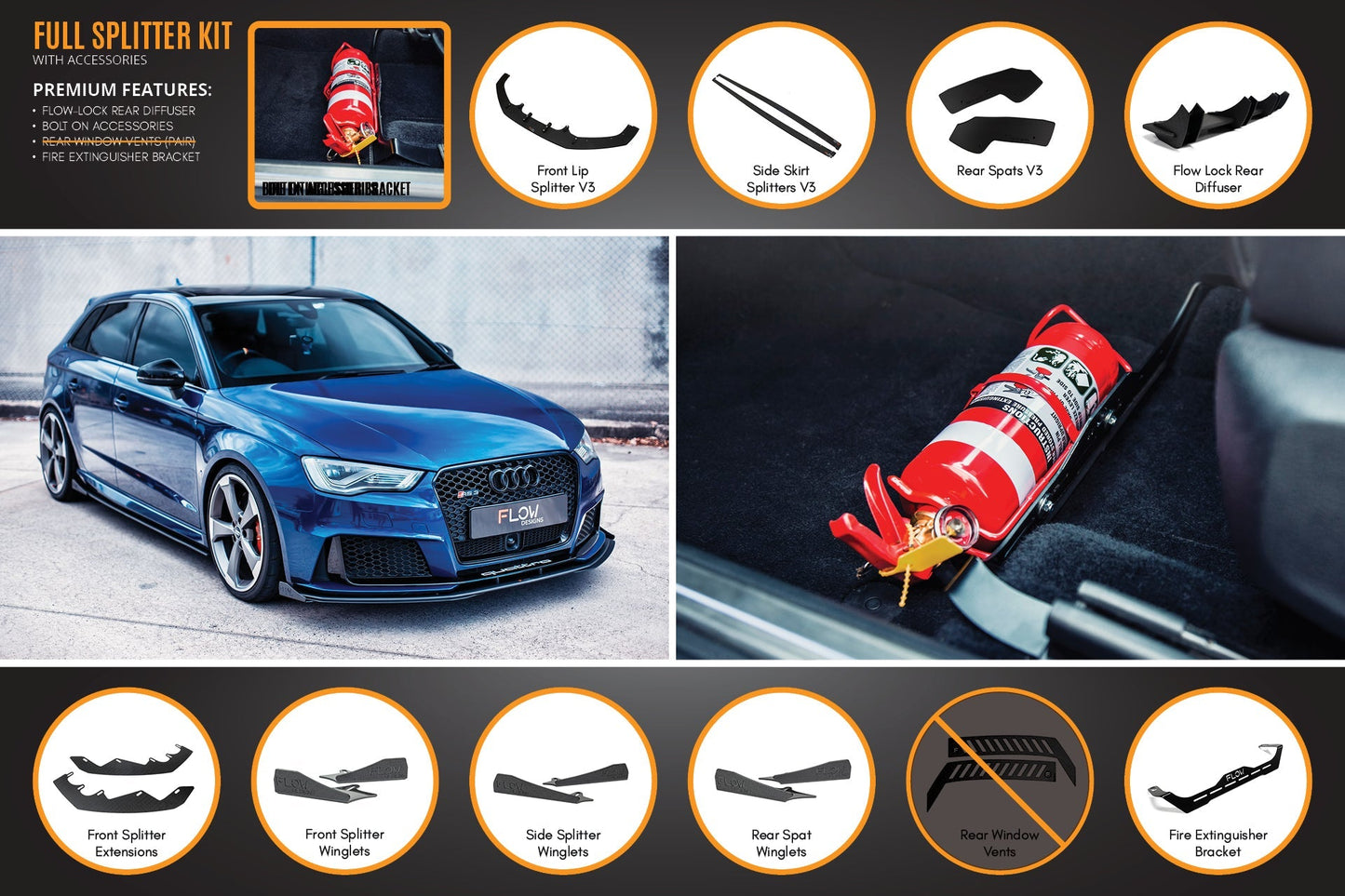 Flow Designs RS3 8V Sportback (Pre-Facelift) Full Lip Splitter Set