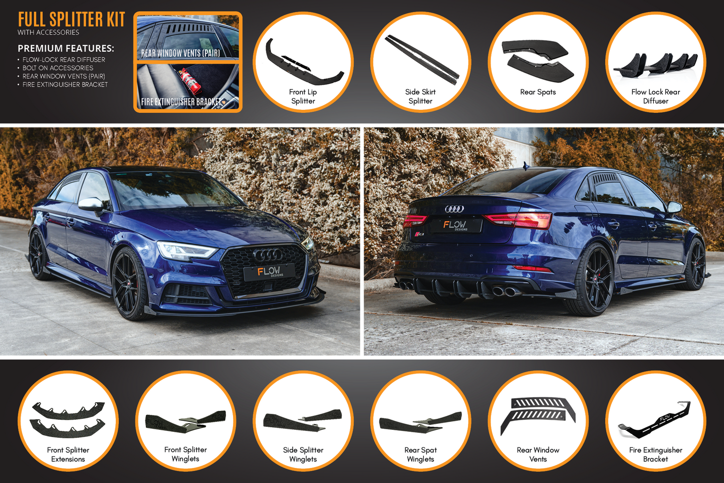 Flow Designs S3 8V Sedan Facelift Full Lip Splitter Set