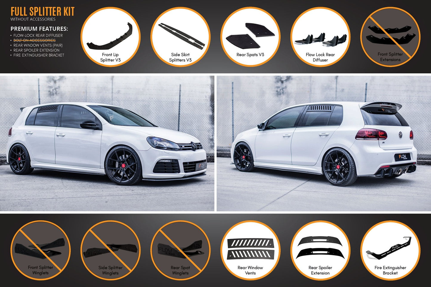 Flow Designs MK6 Golf R Full Lip Splitter Set WITHOUT Accessories