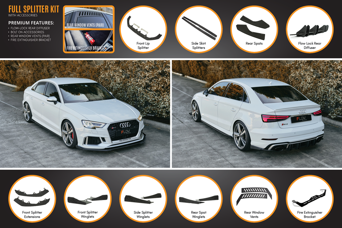 Flow Designs RS3 8V Sedan Facelift Full Lip Splitter Set
