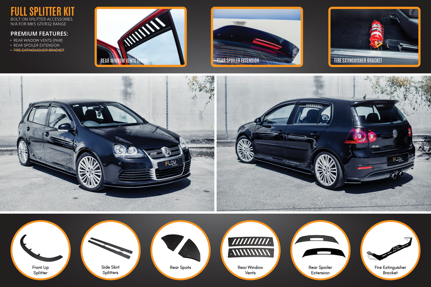 Flow Designs MK5 Golf R32 Full Lip Splitter Set