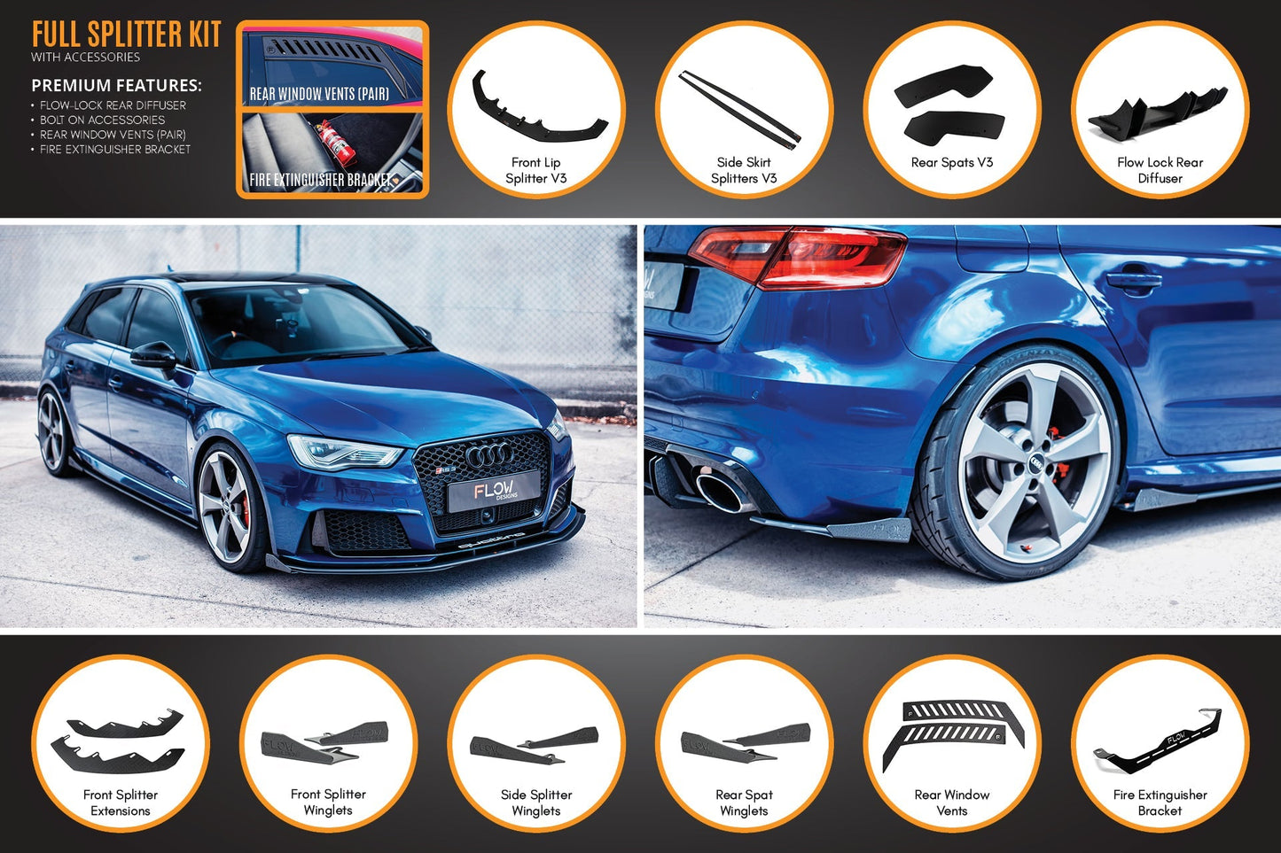 Flow Designs RS3 8V Sportback (Pre-Facelift) Full Lip Splitter Set