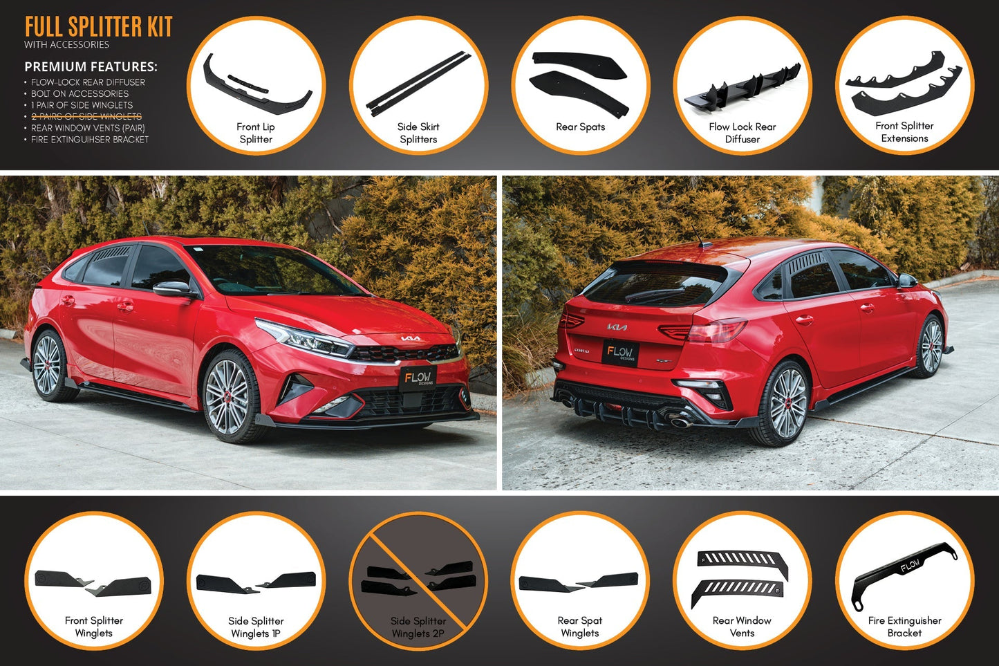 Flow Designs Cerato GT Hatch Facelift Full Lip Splitter Set