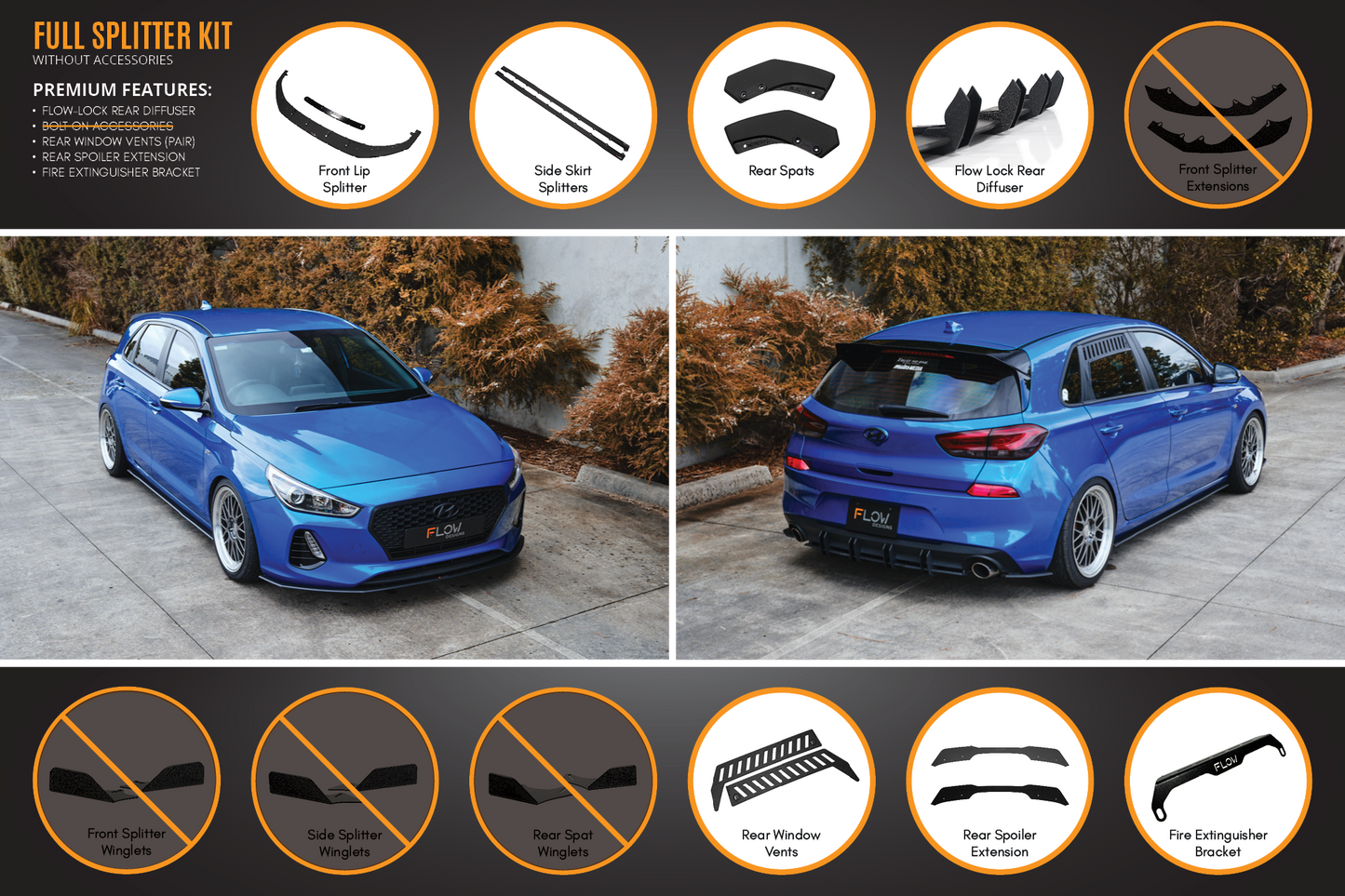 Flow Designs i30 SR Hatch (2017-2018) Full Lip Splitter Set