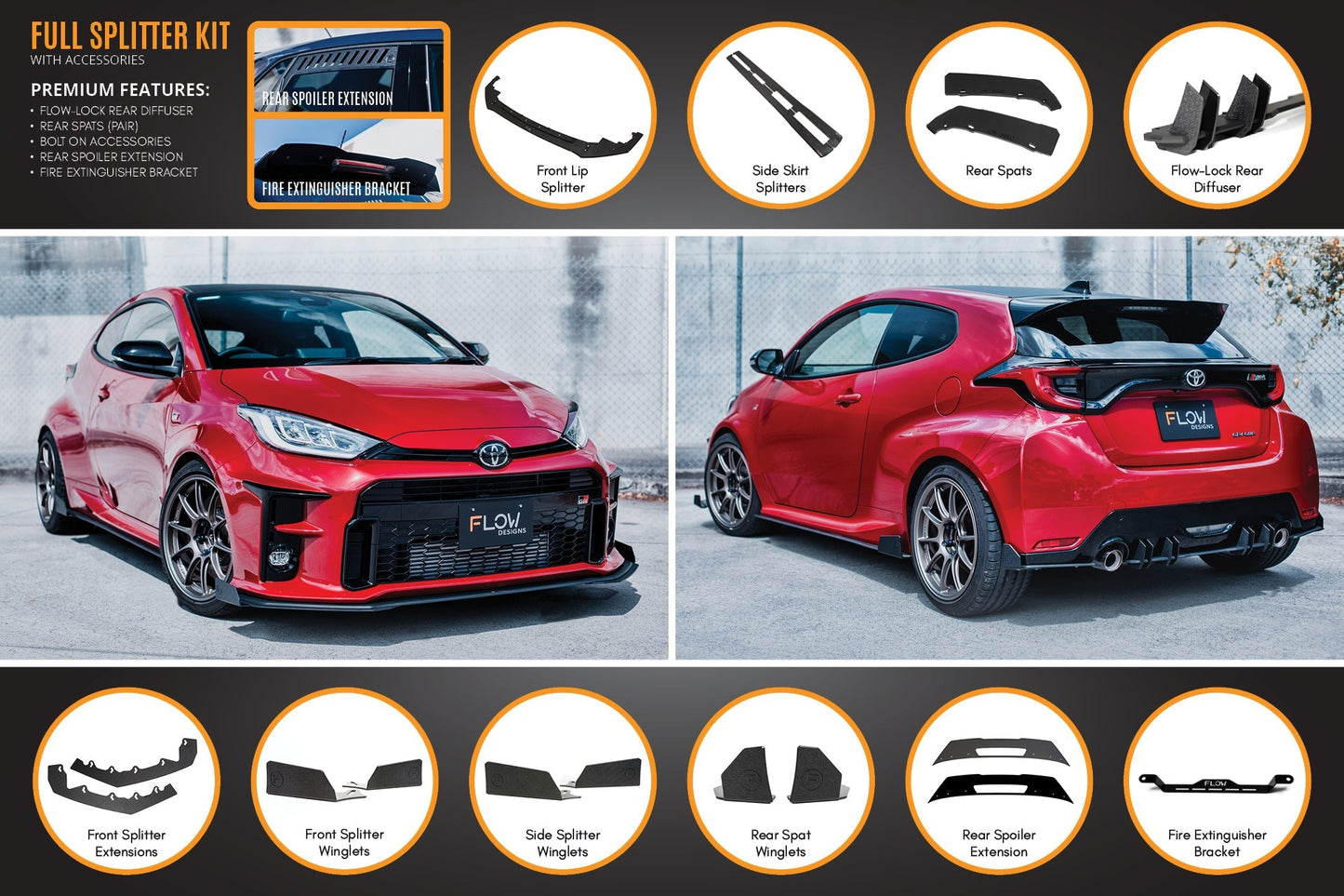 Flow Designs Yaris GR Gen1 Full Lip Splitter Kit With Rear Diffuser