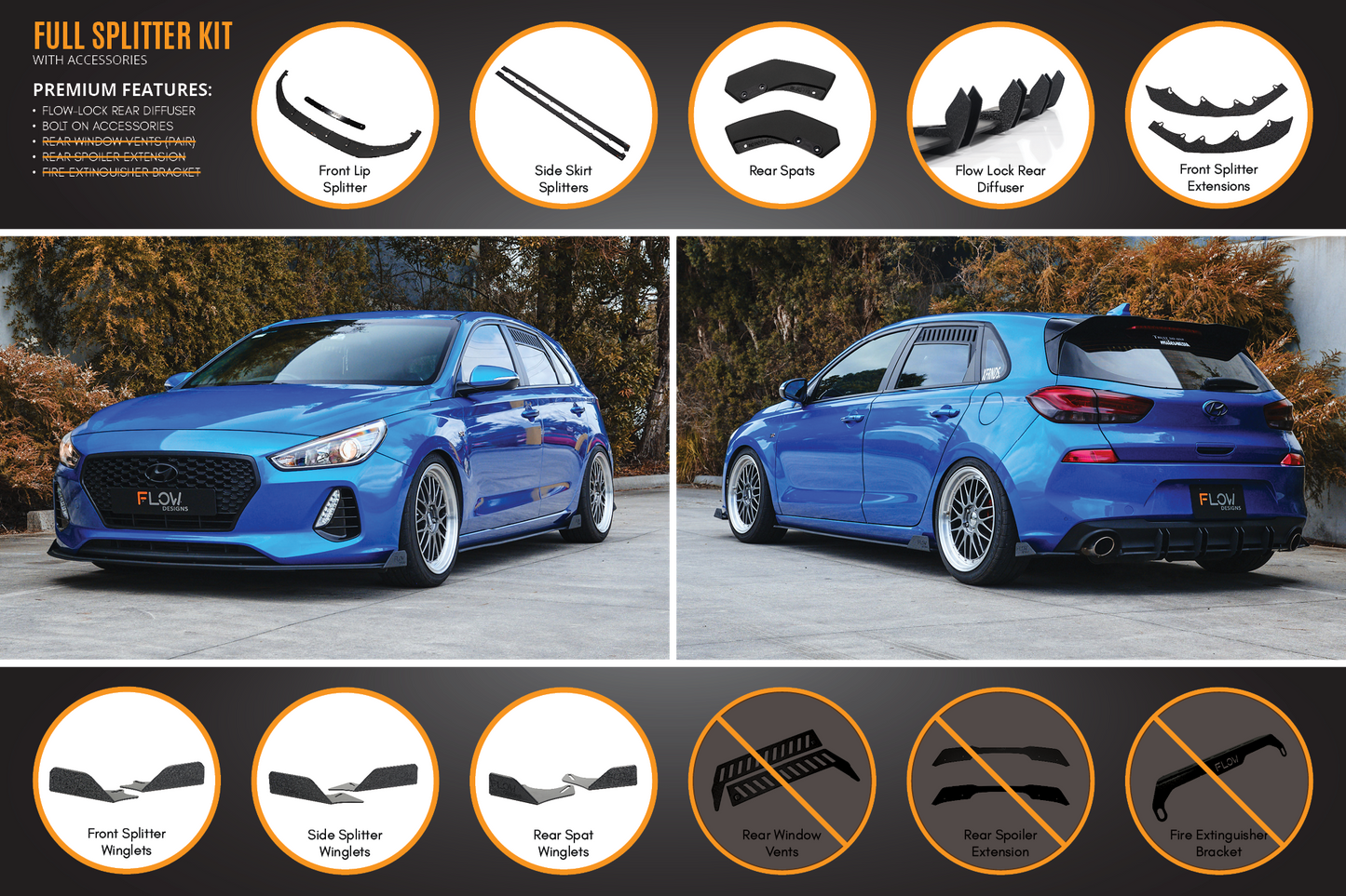 Flow Designs i30 SR Hatch (2017-2018) Full Lip Splitter Set