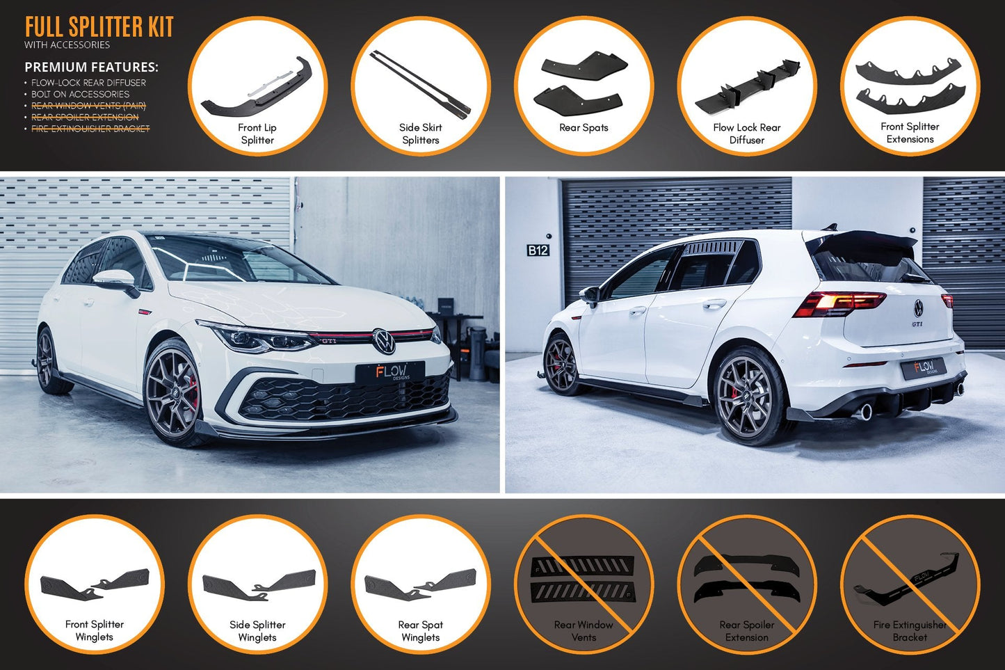 Flow Designs MK8 Golf GTI Full Lip Splitter Set