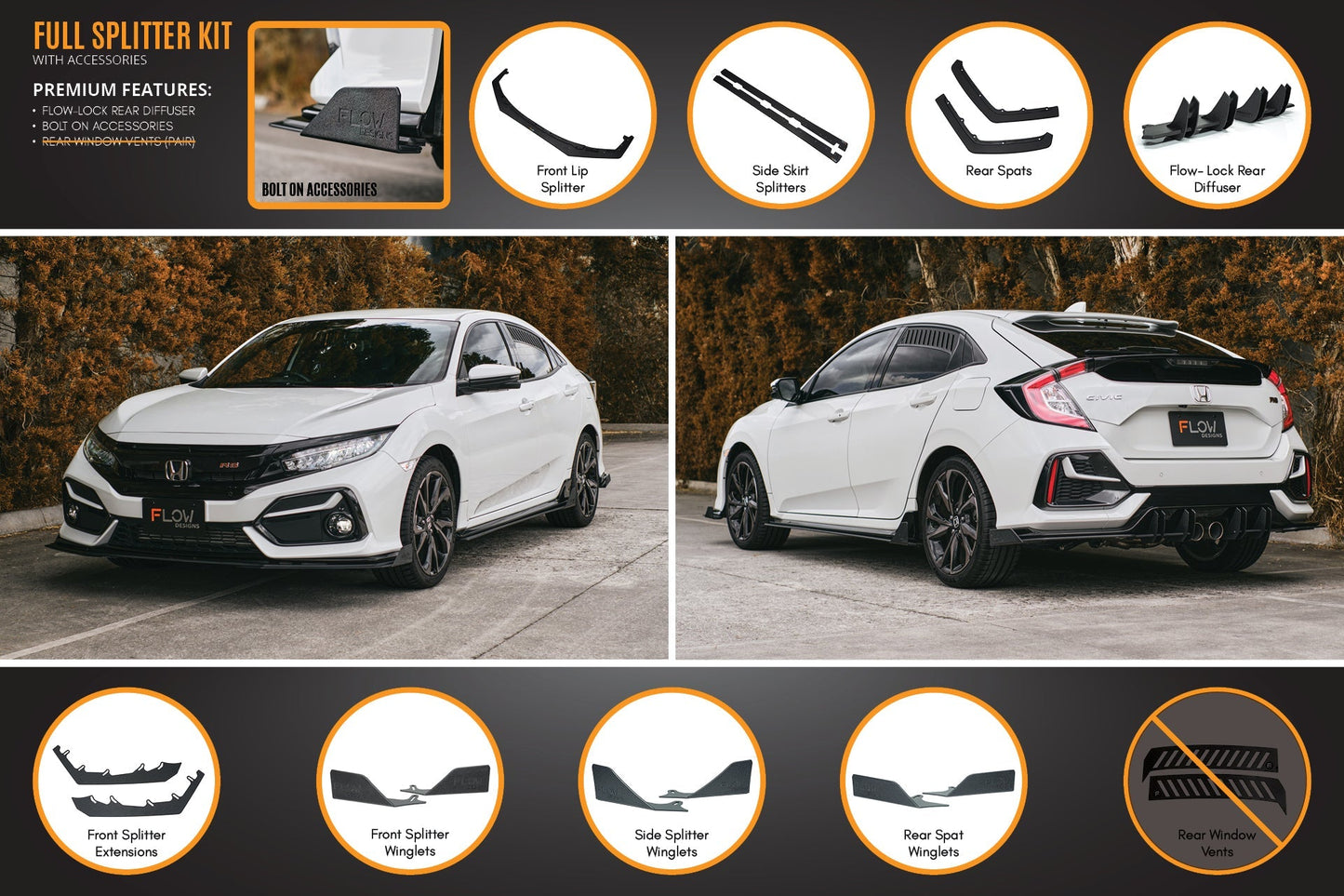 Flow Designs FK4/FK7 Civic RS Hatch FL Full Lip Splitter Set