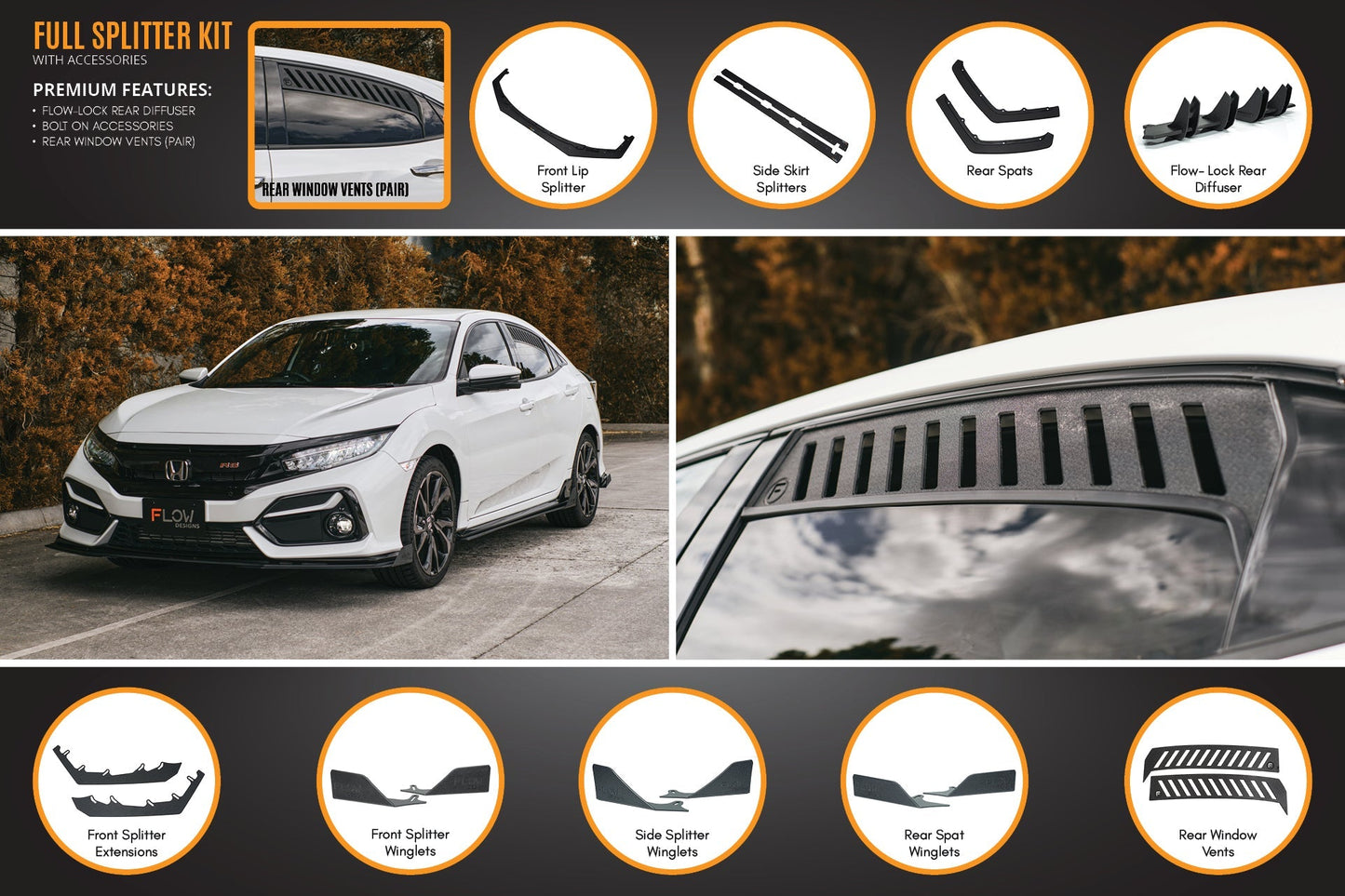 Flow Designs FK4/FK7 Civic RS Hatch FL Full Lip Splitter Set