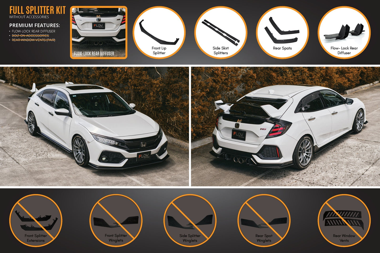 Flow Designs FK4/FK7 Civic RS Hatch PFL Full Lip Splitter Set