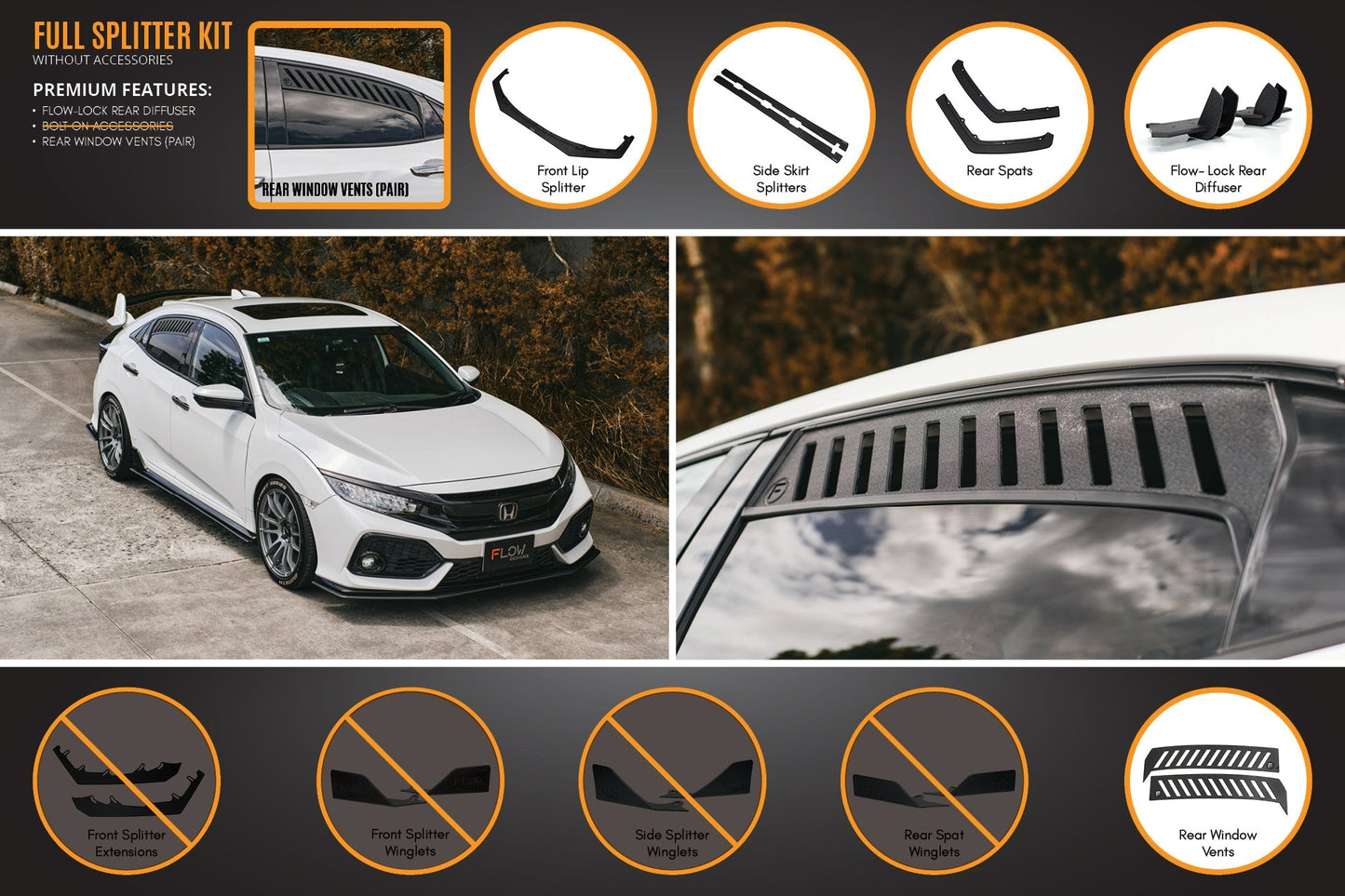 Flow Designs FK4/FK7 Civic RS Hatch PFL Full Lip Splitter Set