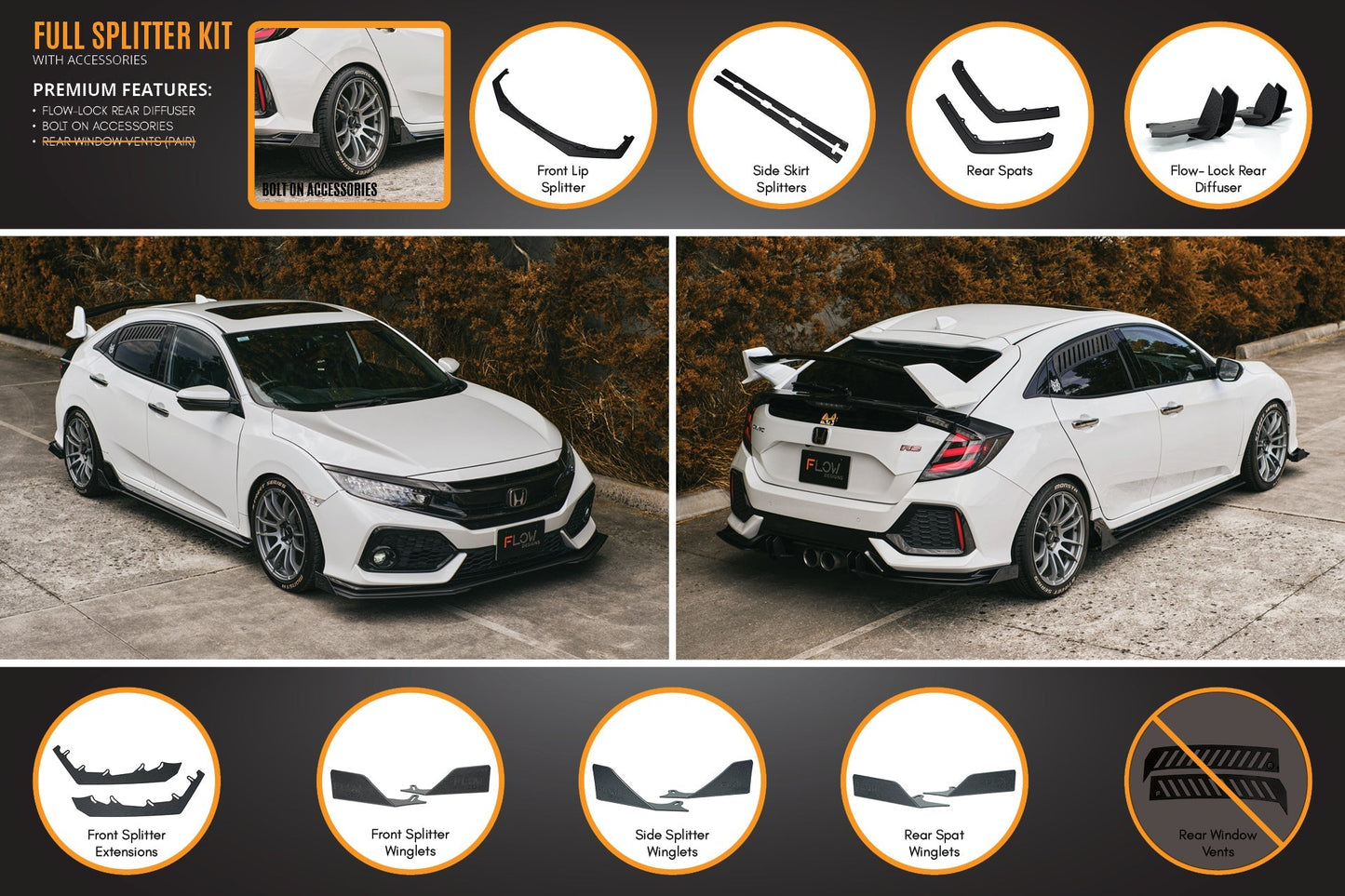 Flow Designs FK4/FK7 Civic RS Hatch PFL Full Lip Splitter Set