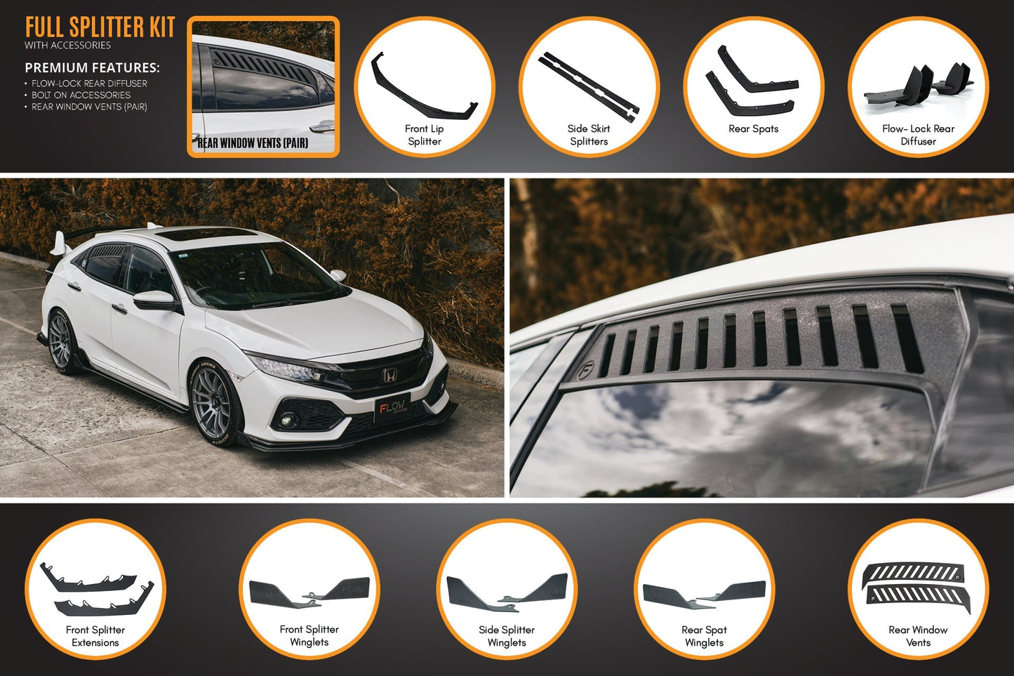 Flow Designs FK4/FK7 Civic RS Hatch PFL Full Lip Splitter Set