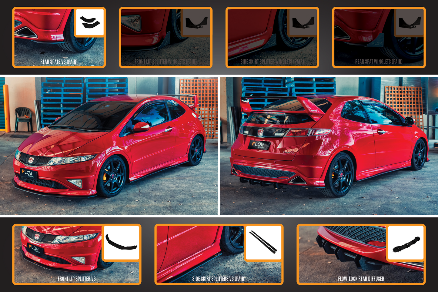 Flow Designs FN2 Civic Type R Full Lip Splitter Set