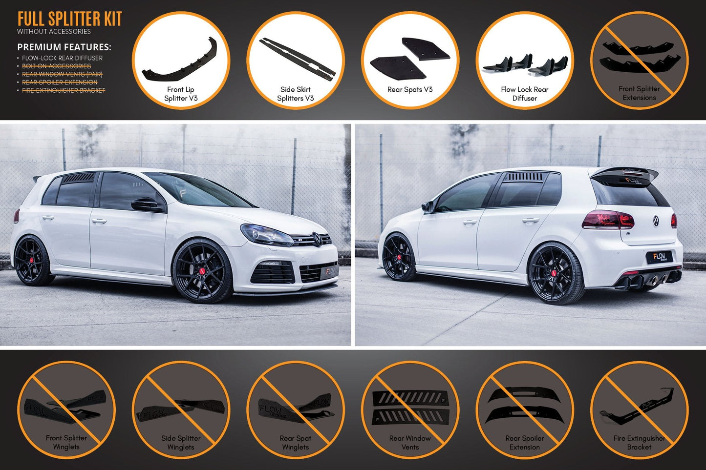 Flow Designs MK6 Golf R Full Lip Splitter Set WITHOUT Accessories