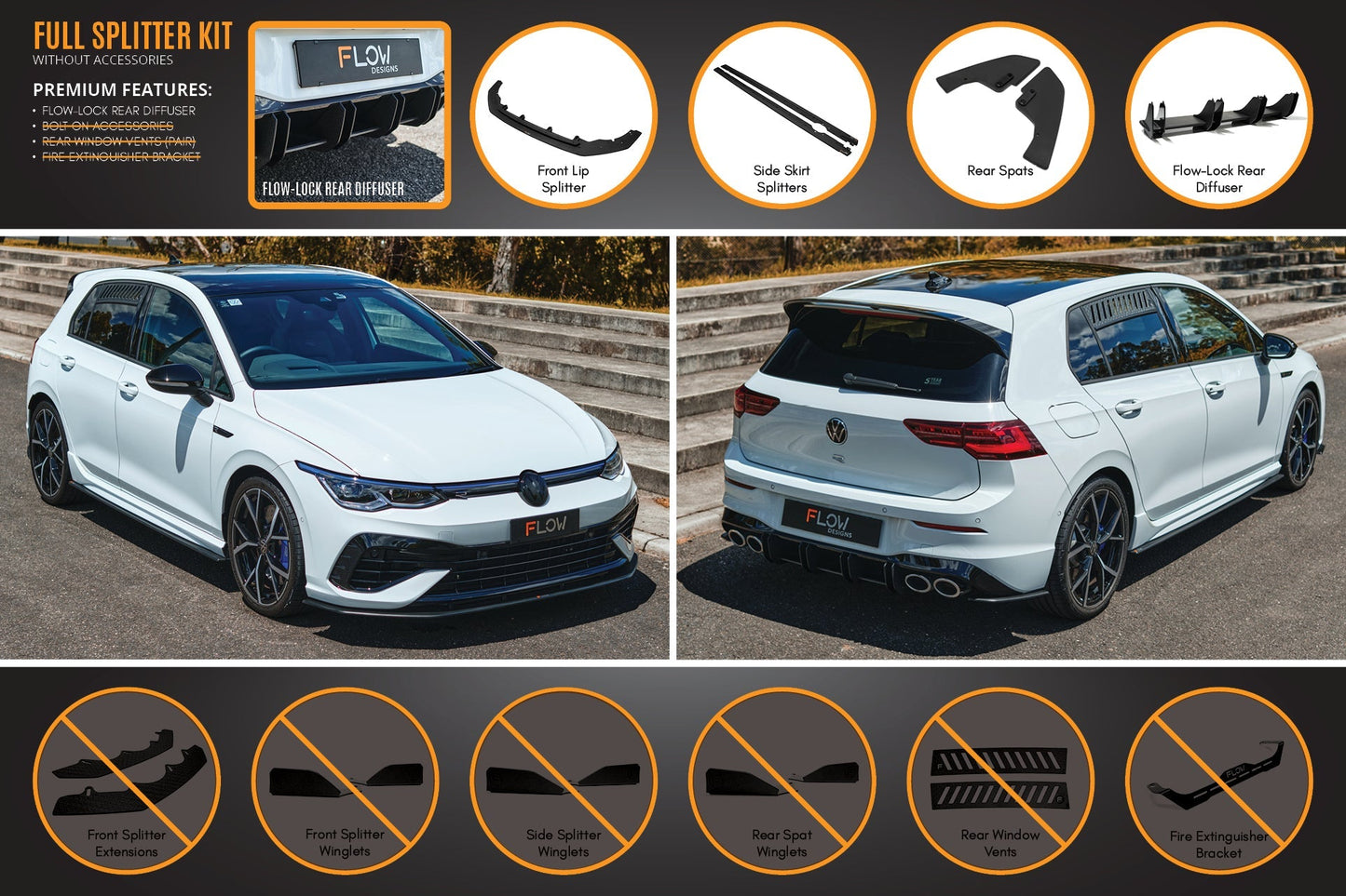 Flow Designs MK8 Golf R Full Lip Splitter Set