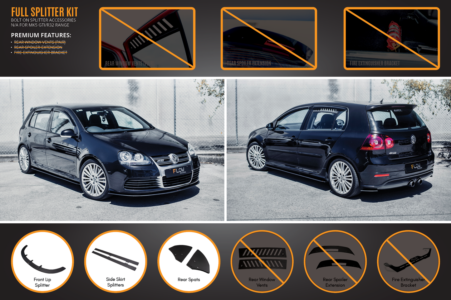 Flow Designs MK5 Golf R32 Full Lip Splitter Set
