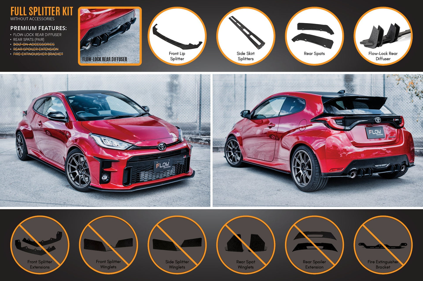 Flow Designs Yaris GR Gen1 Full Lip Splitter Kit With Rear Diffuser