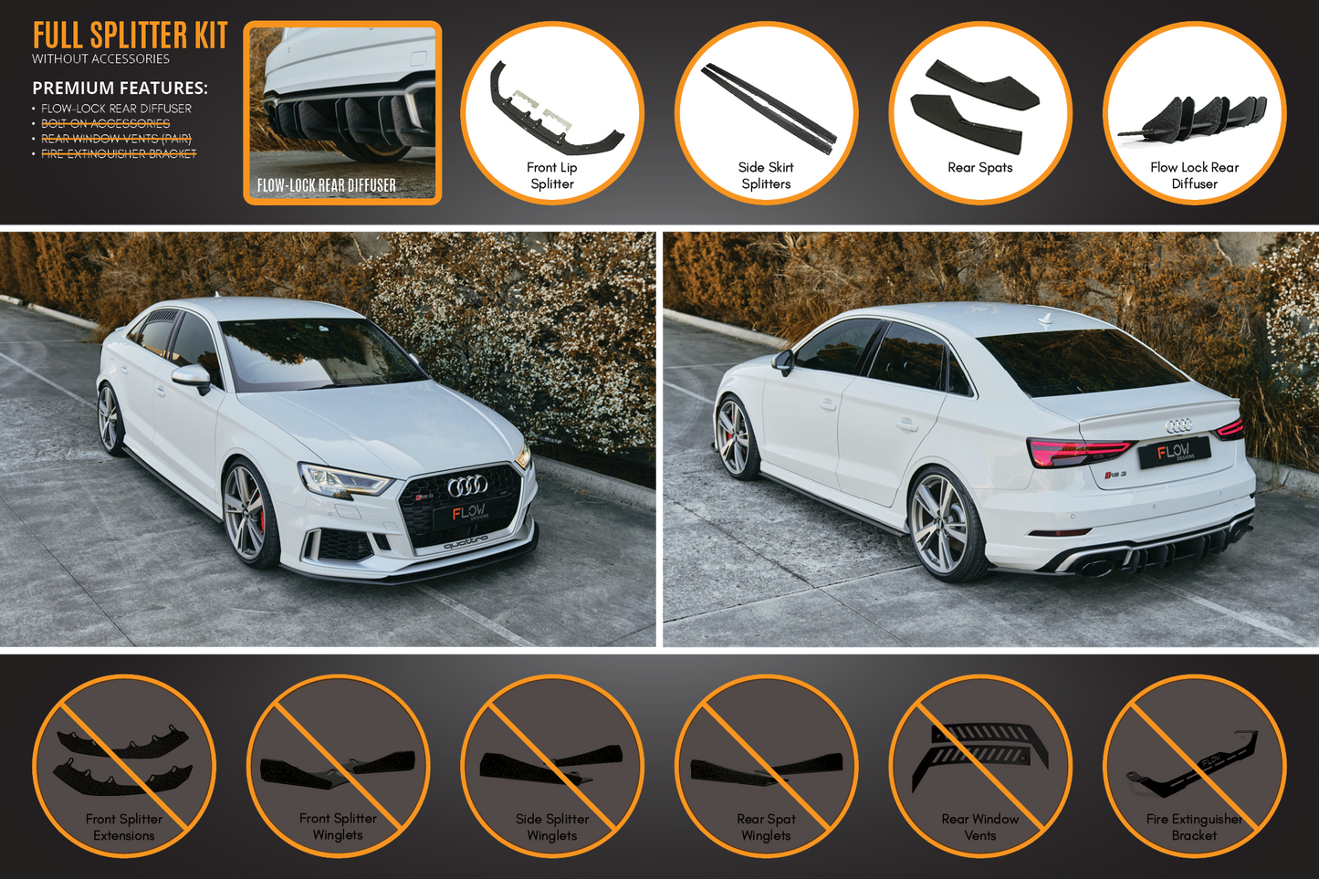 Flow Designs RS3 8V Sedan Facelift Full Lip Splitter Set