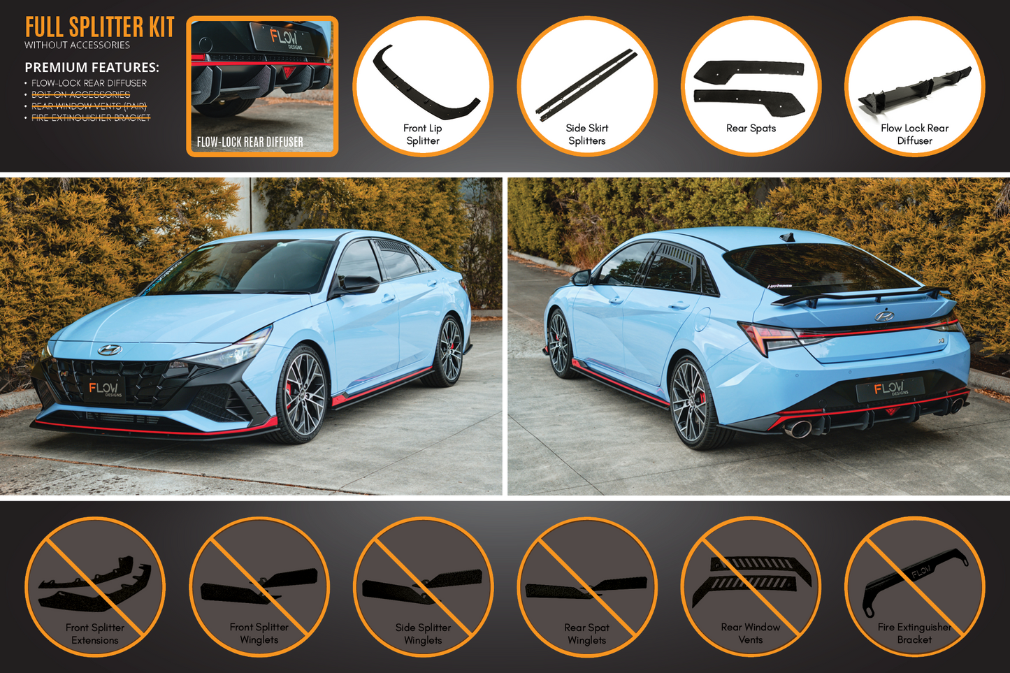 Flow Designs CN7 i30N Sedan 2021-2023 Full Lip Splitter Set