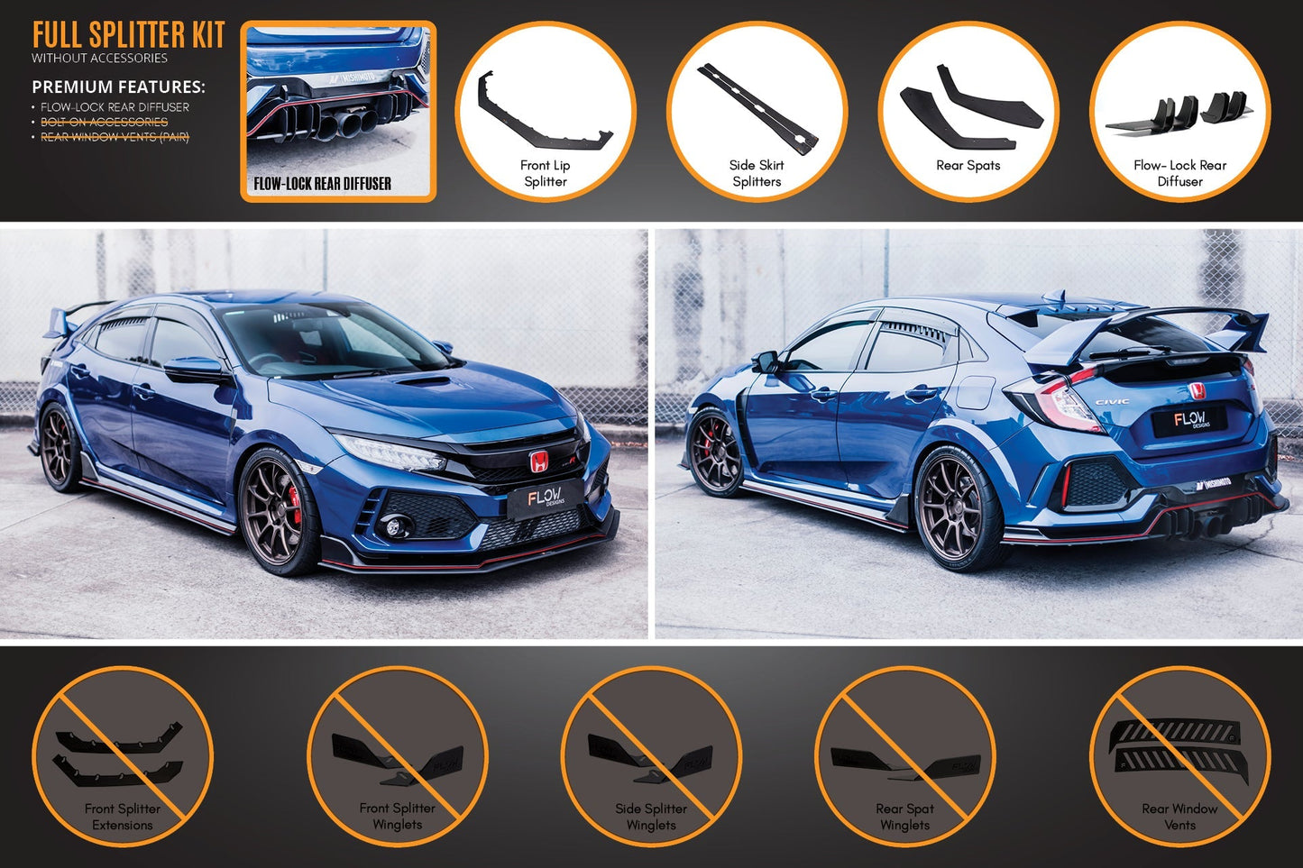 Flow Designs FK8 Civic Type R Full Lip Splitter Set
