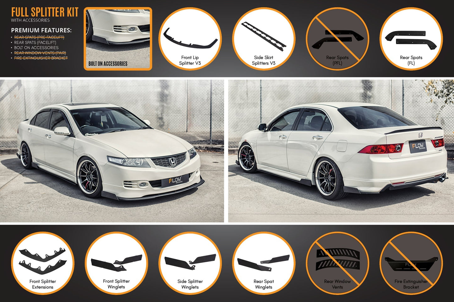Flow Designs Honda Accord Euro FACELIFT CL7/CL9 Full Lip Splitter Set