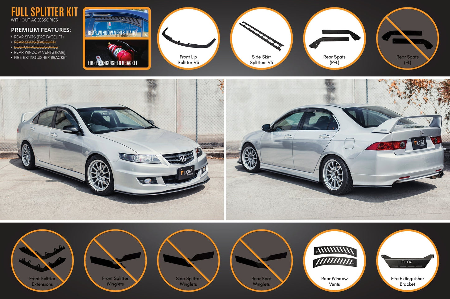 Flow Designs Honda Accord Euro PRE-FACELIFT CL7/CL9 Full Lip Splitter Set