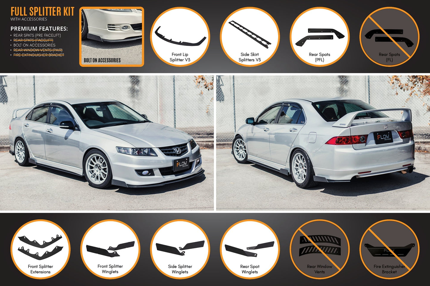 Flow Designs Honda Accord Euro FACELIFT CL7/CL9 Full Lip Splitter Set