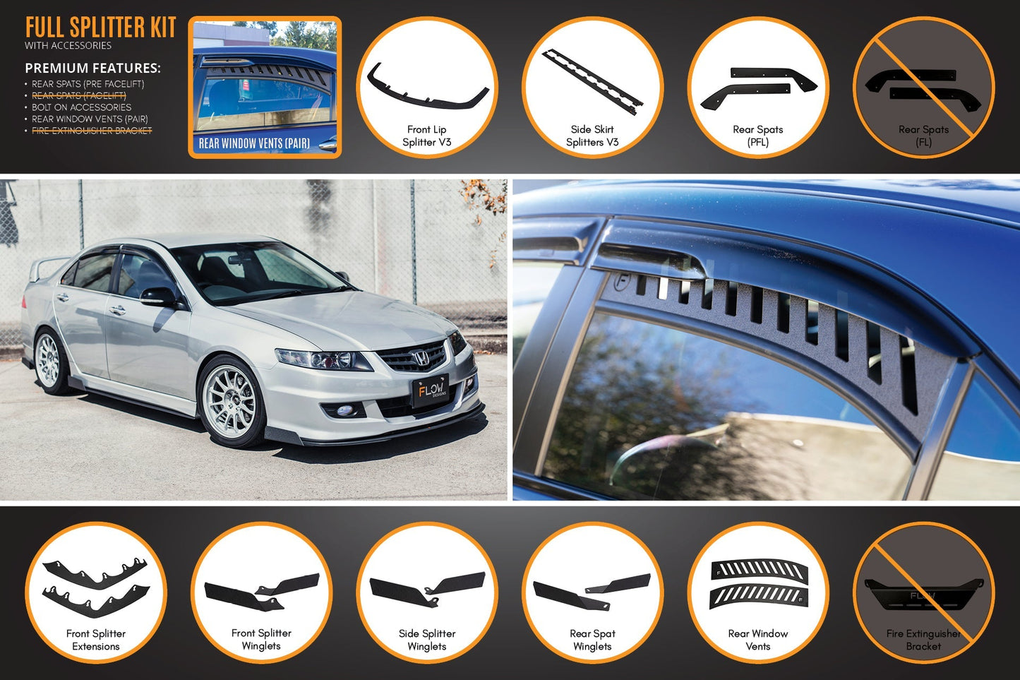 Flow Designs Honda Accord Euro PRE-FACELIFT CL7/CL9 Full Lip Splitter Set