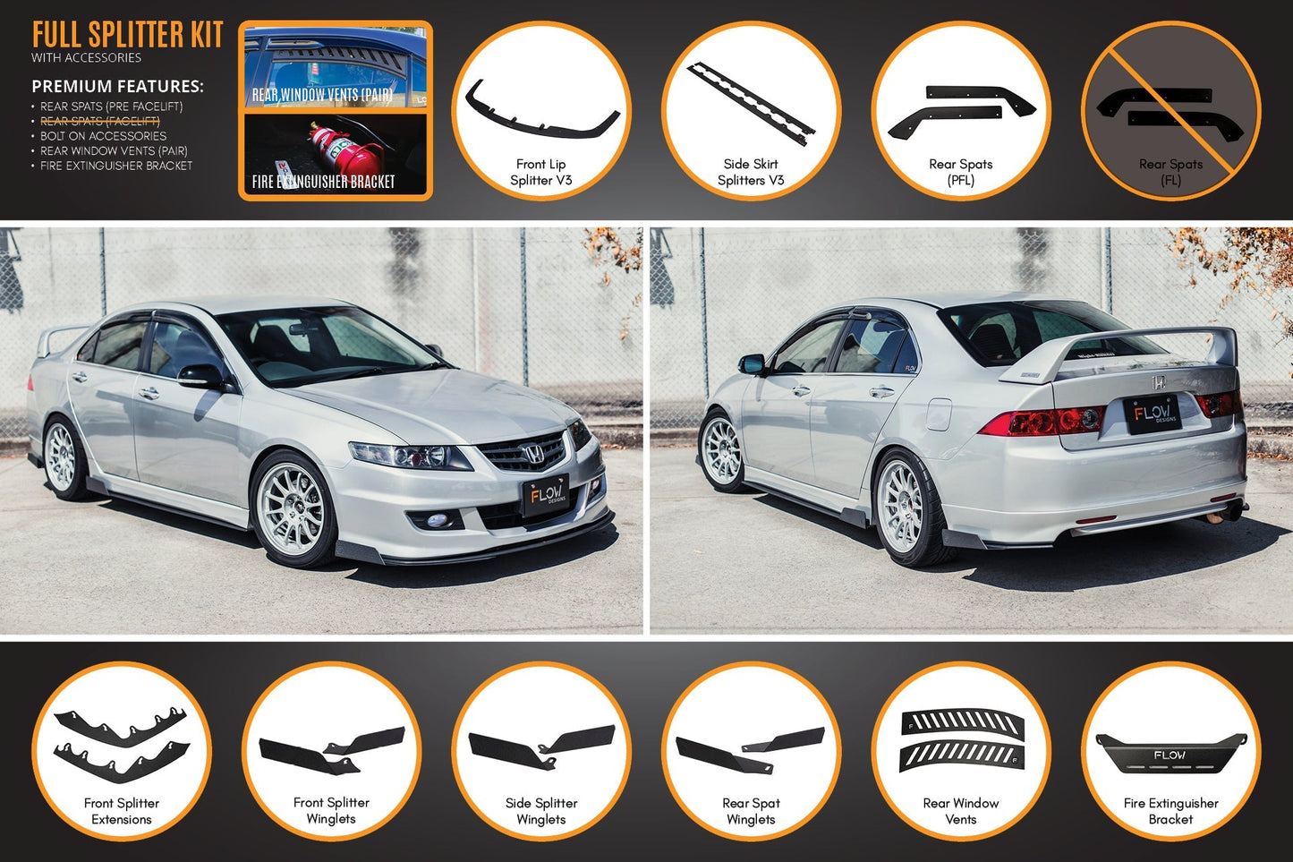 Flow Designs Honda Accord Euro FACELIFT CL7/CL9 Full Lip Splitter Set