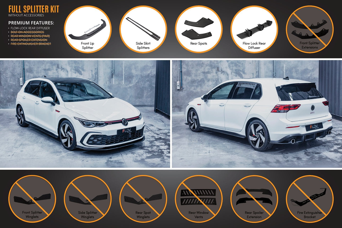 Flow Designs MK8 Golf GTI Full Lip Splitter Set