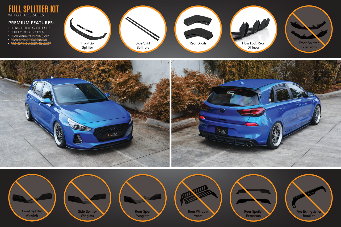 Flow Designs i30 SR Hatch (2017-2018) Full Lip Splitter Set