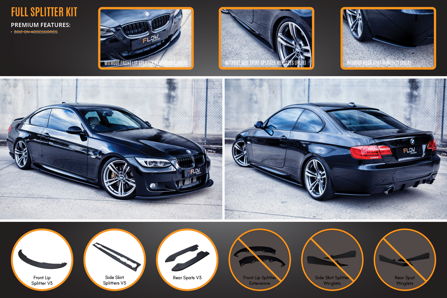 Flow Designs E92 M Pre LCI Sport Full Lip Splitter Set