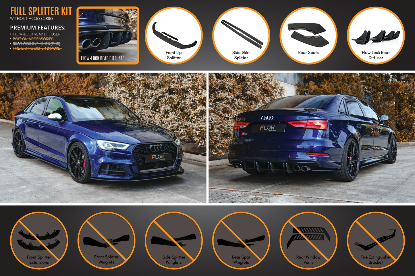 Flow Designs S3 8V Sedan Facelift Full Lip Splitter Set