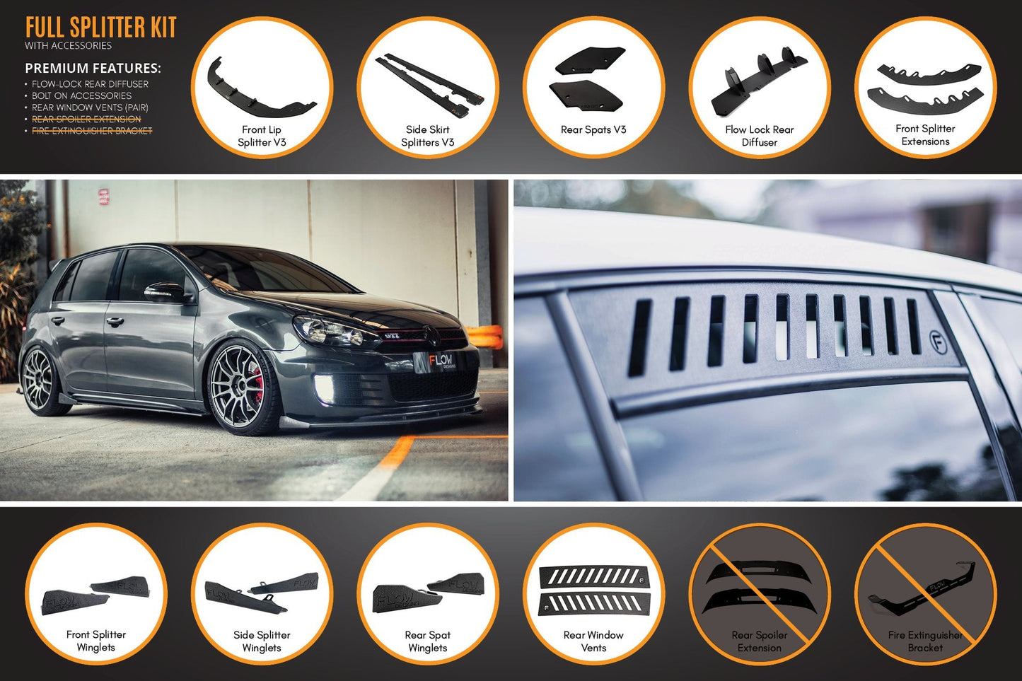 Flow Designs MK6 Golf GTI Full Lip Splitter Set