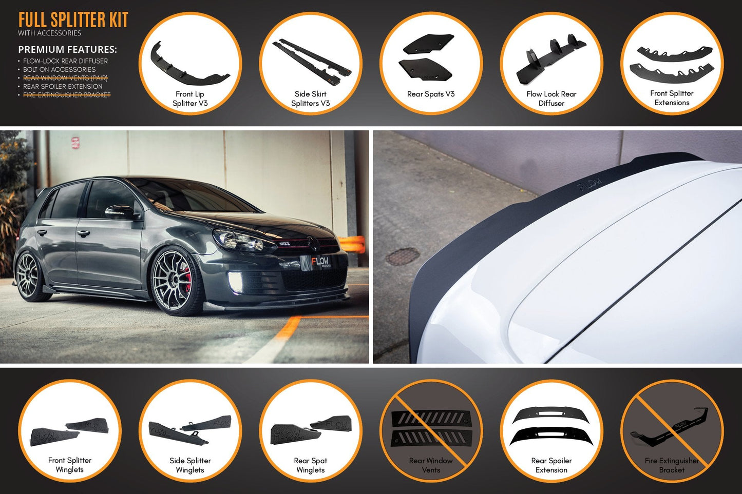 Flow Designs MK6 Golf GTI Full Lip Splitter Set