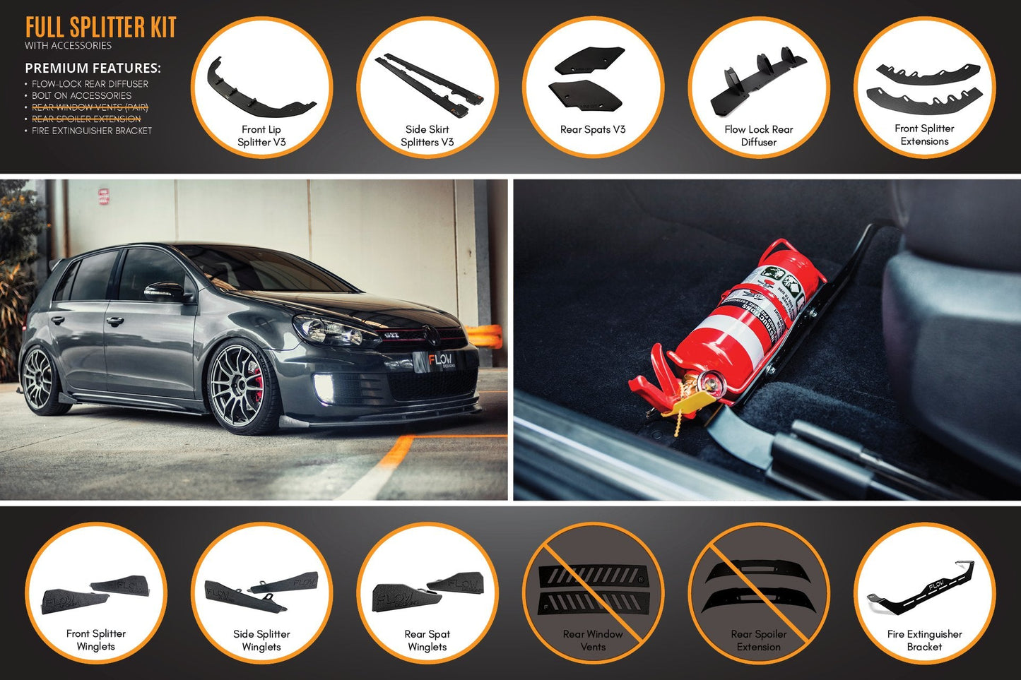 Flow Designs MK6 Golf GTI Full Lip Splitter Set