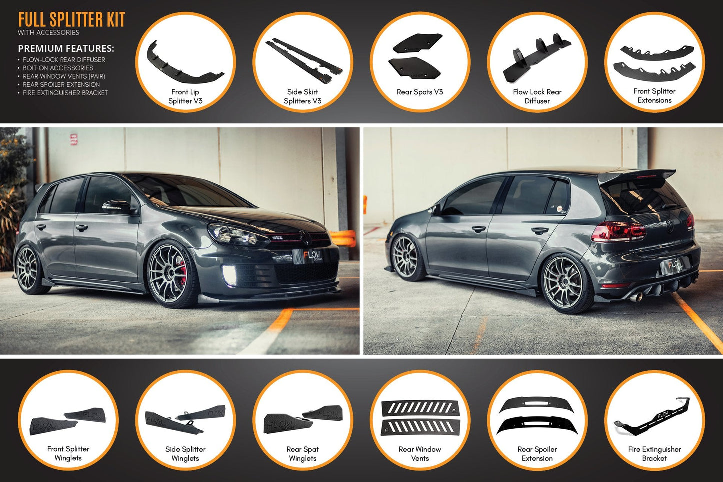 Flow Designs MK6 Golf GTI Full Lip Splitter Set