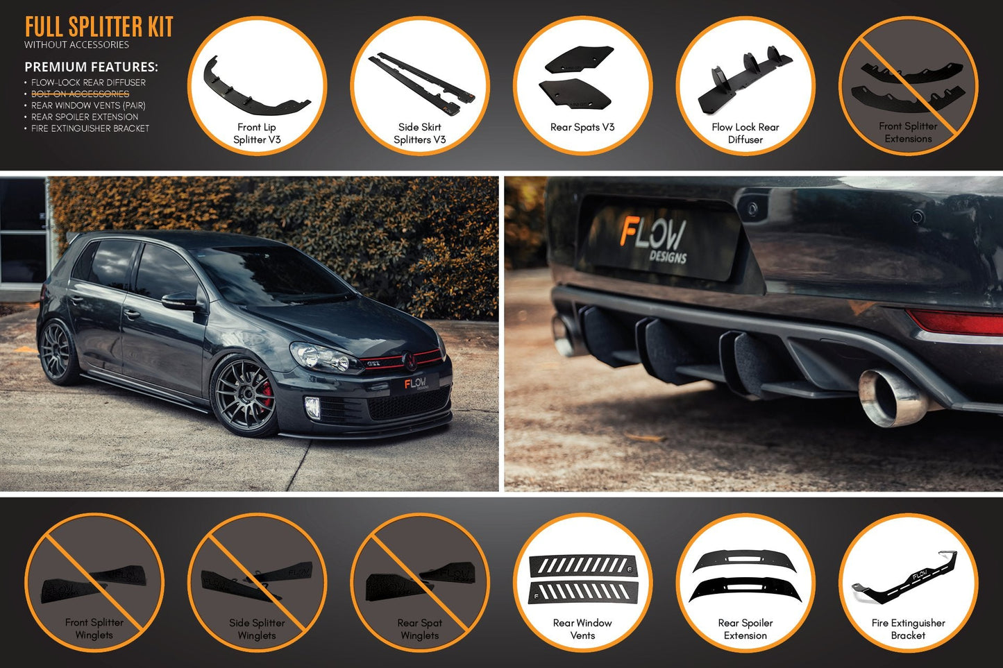Flow Designs MK6 Golf GTI Full Lip Splitter Set