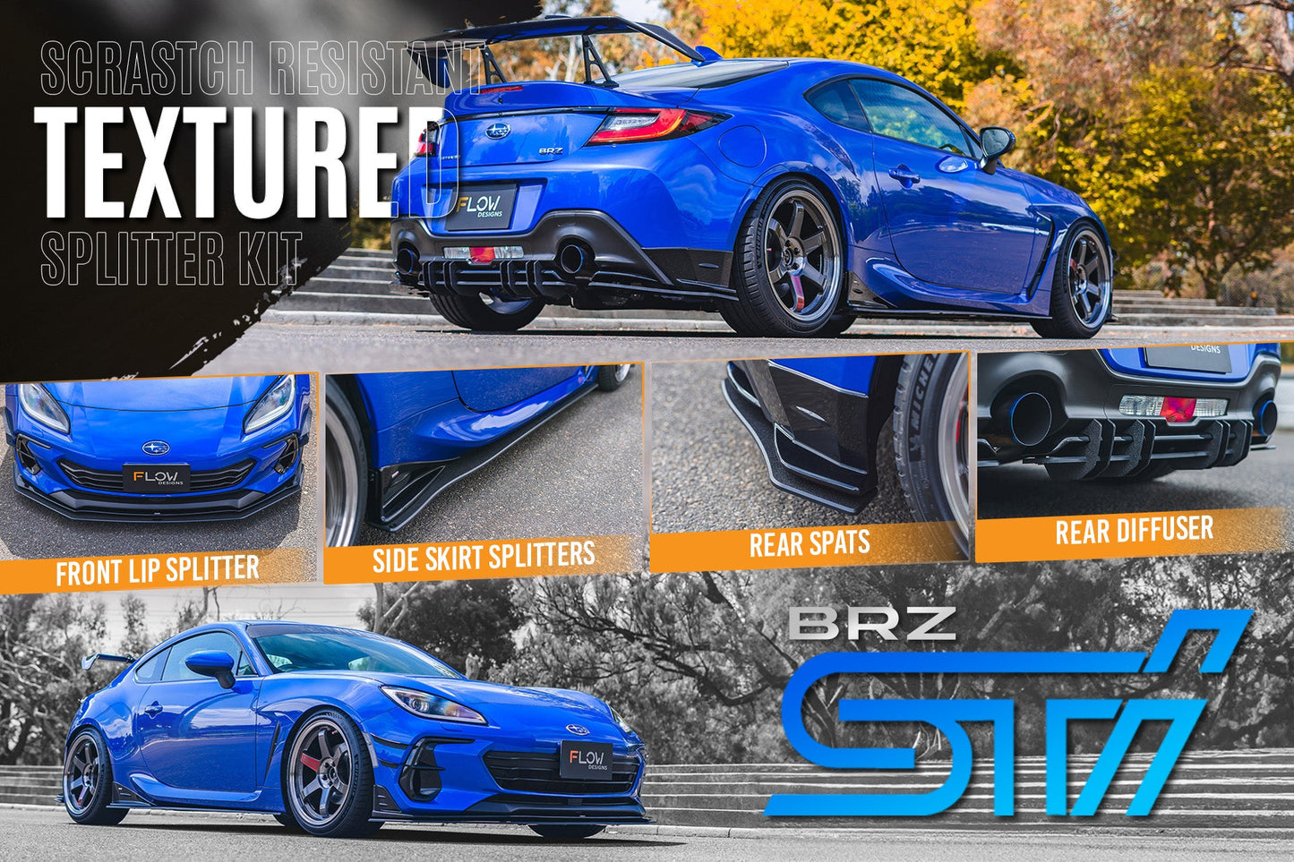 Flow Designs ZD8 BRZ STI Full Lip Splitter Set (TEXTURED BLACK)