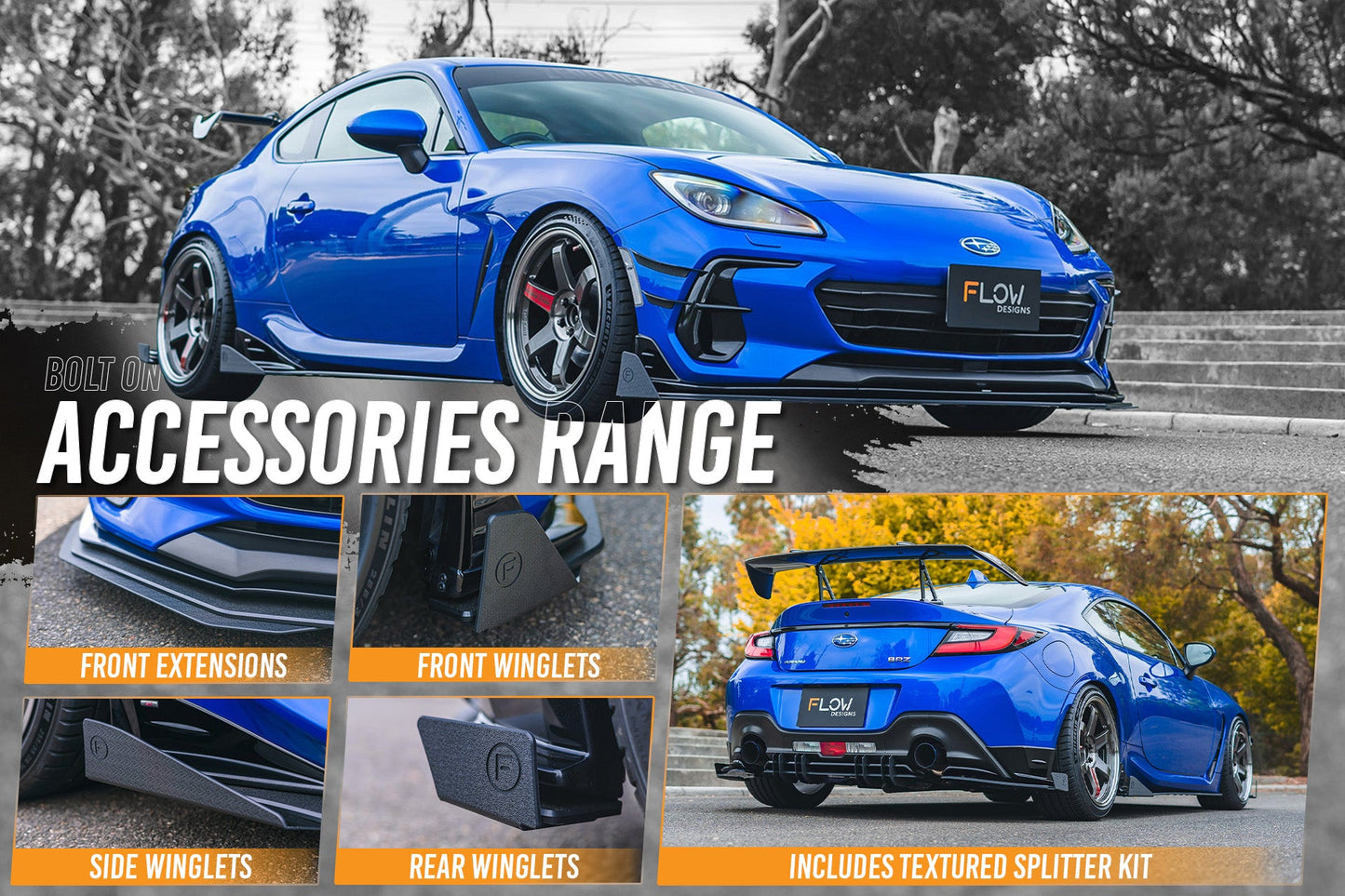 Flow Designs ZD8 BRZ STI Full Lip Splitter Set (TEXTURED BLACK)