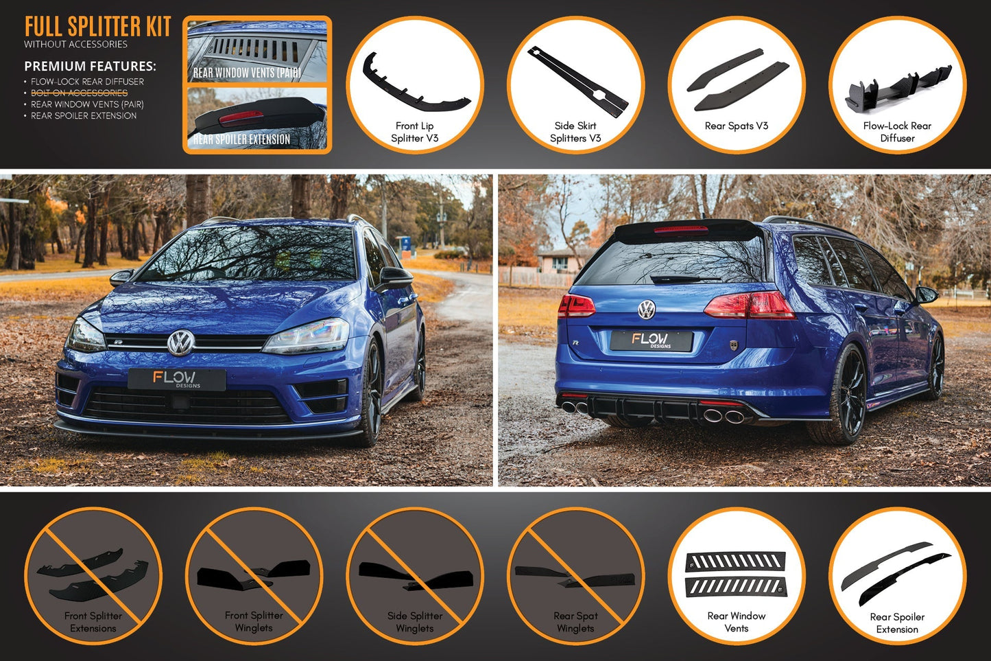 Flow Designs MK7 Golf R Wagon - Full Lip Splitter Set