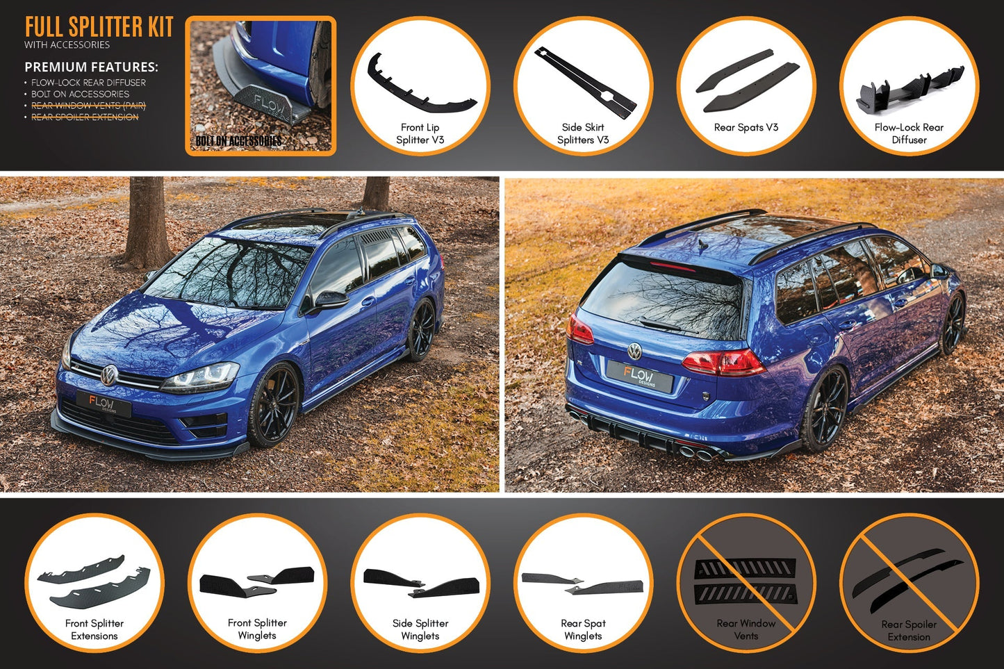 Flow Designs MK7 Golf R Wagon - Full Lip Splitter Set