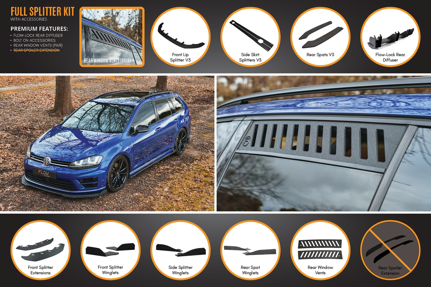 Flow Designs MK7 Golf R Wagon - Full Lip Splitter Set