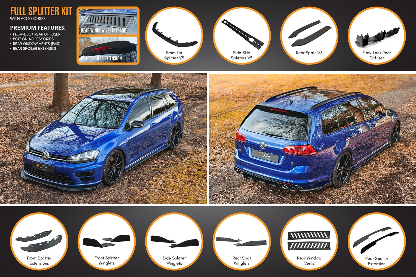 Flow Designs MK7 Golf R Wagon - Full Lip Splitter Set