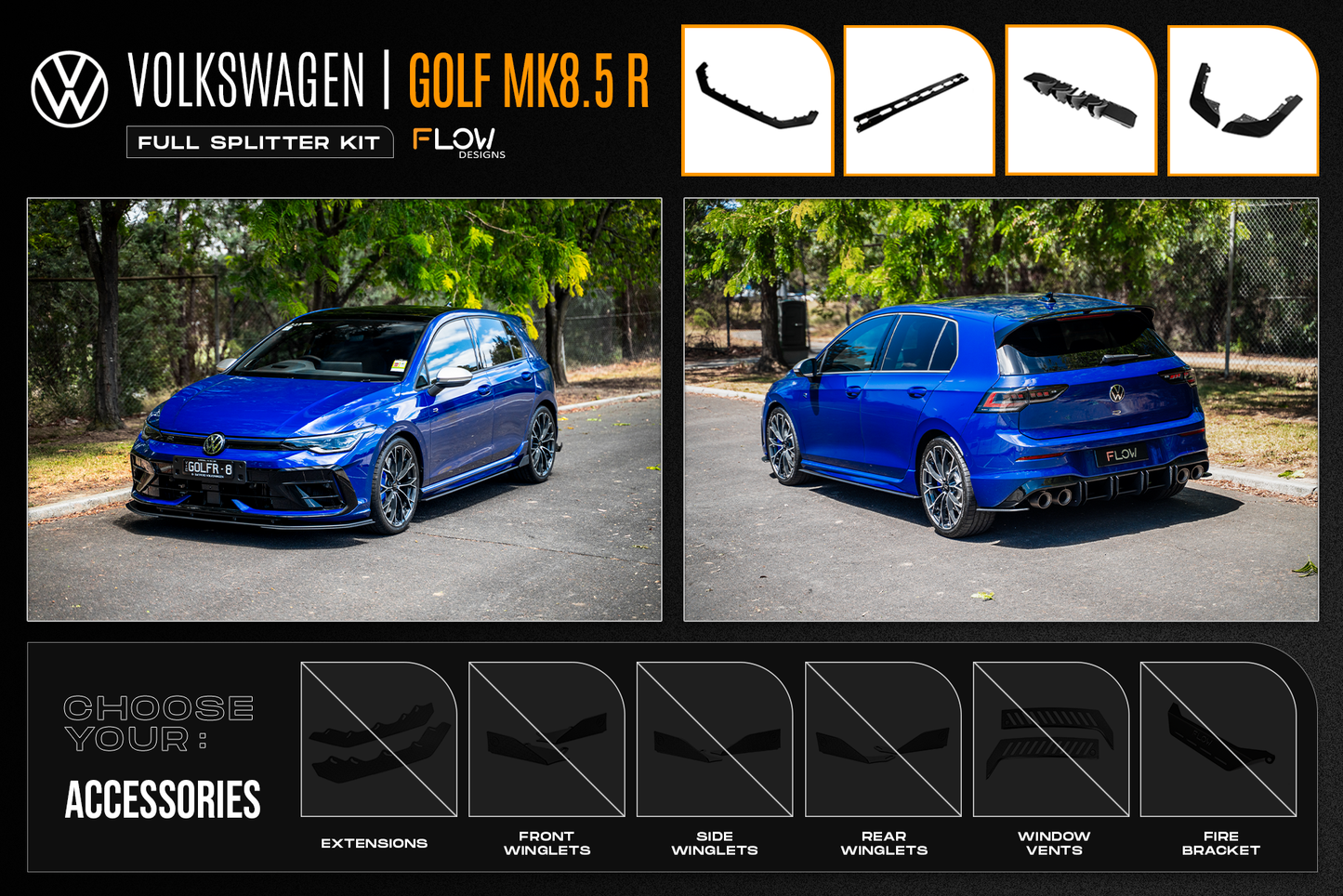 Flow Designs MK8.5 Golf R Full Lip Splitter Set